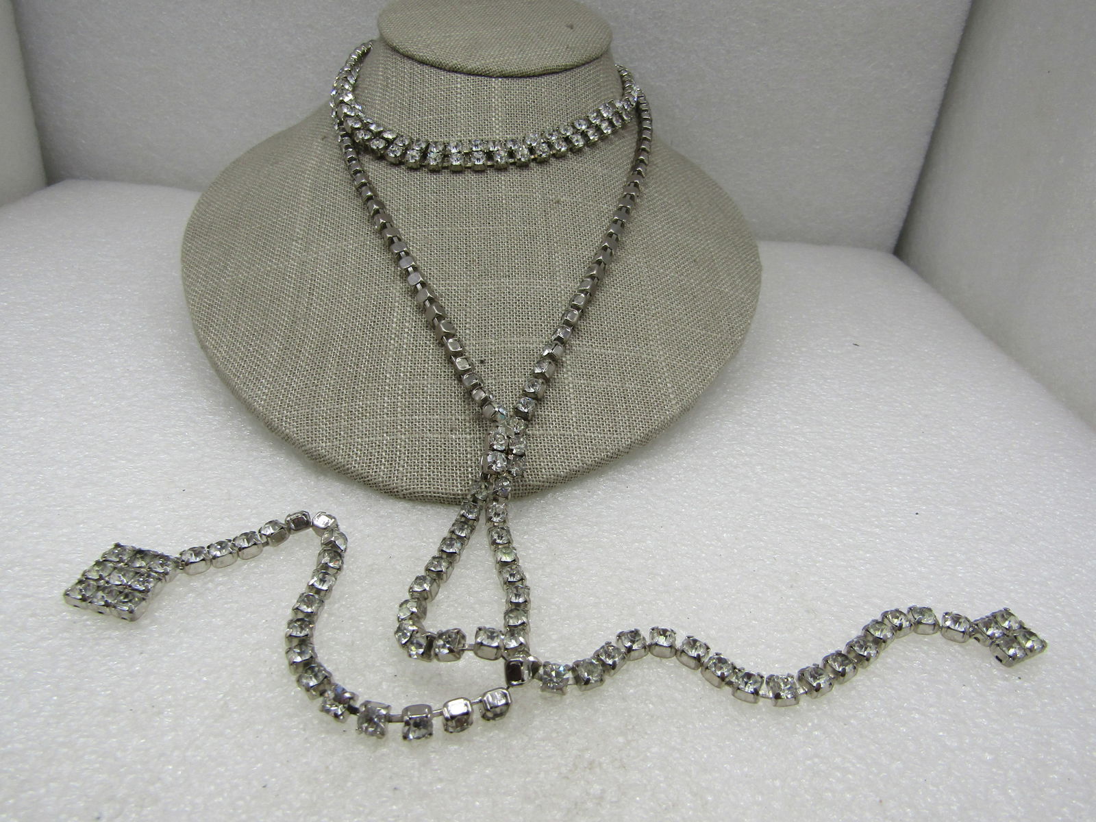 Vintage Rhinestone Necklace, Snap Closure with Cluster, 46" - 2
