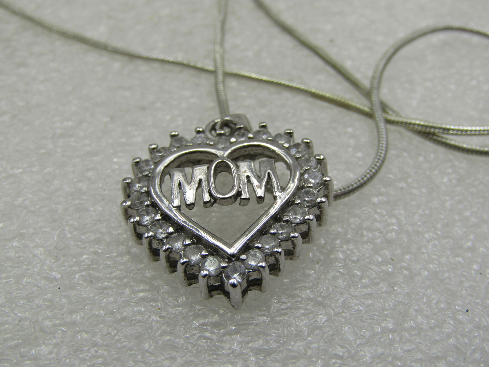 Silver Tone MOM Heart Necklace, Clear Stones, 22" - 8