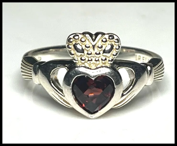Vintage Sterling Silver Garnet Irish Promise Ring - 6