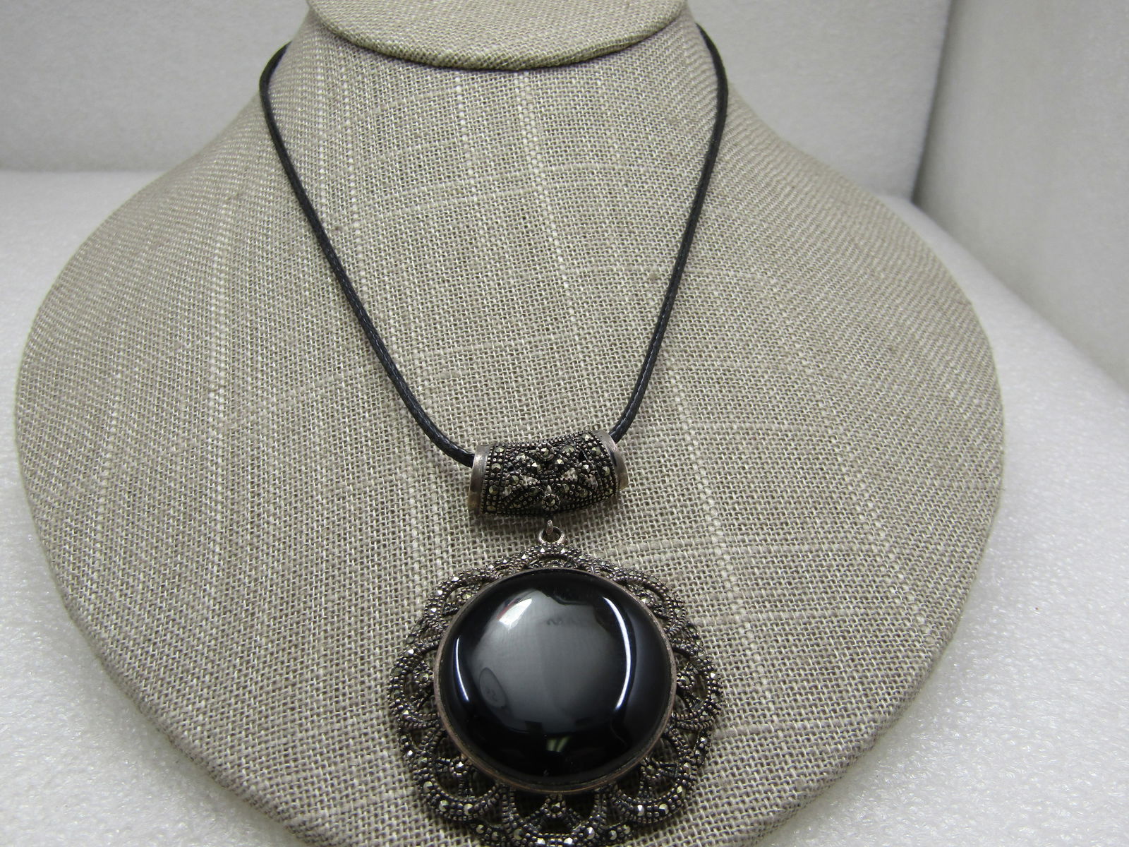 Vintage Sterling Marcasite & Onyx Necklace, 19" Black Leather - 2