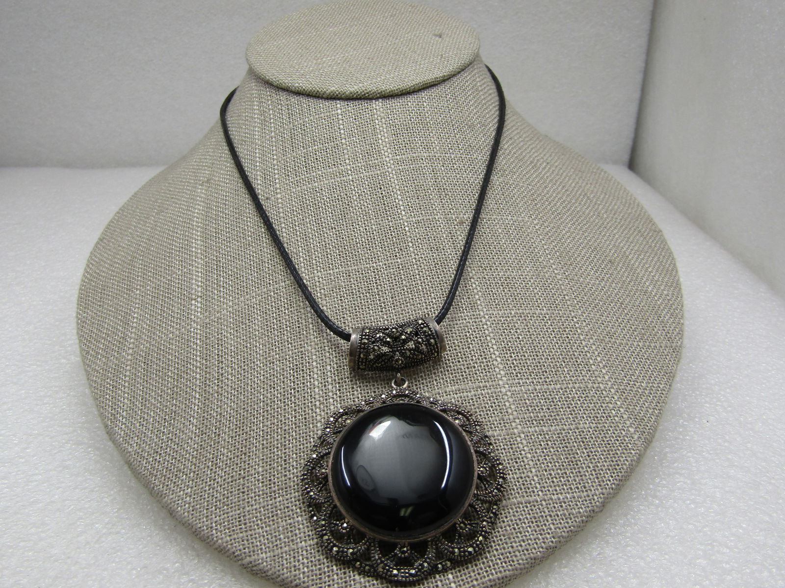 Vintage Sterling Marcasite & Onyx Necklace, 19" Black Leather - 3