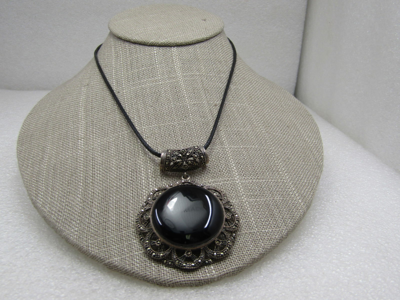 Vintage Sterling Marcasite & Onyx Necklace, 19" Black Leather - 4