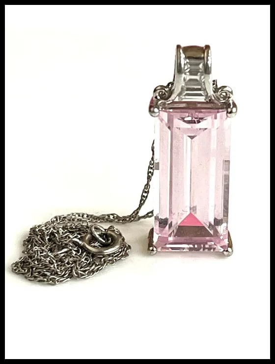 Estate Light Pink Rectangle Stone Sterling Silver Necklace - 2