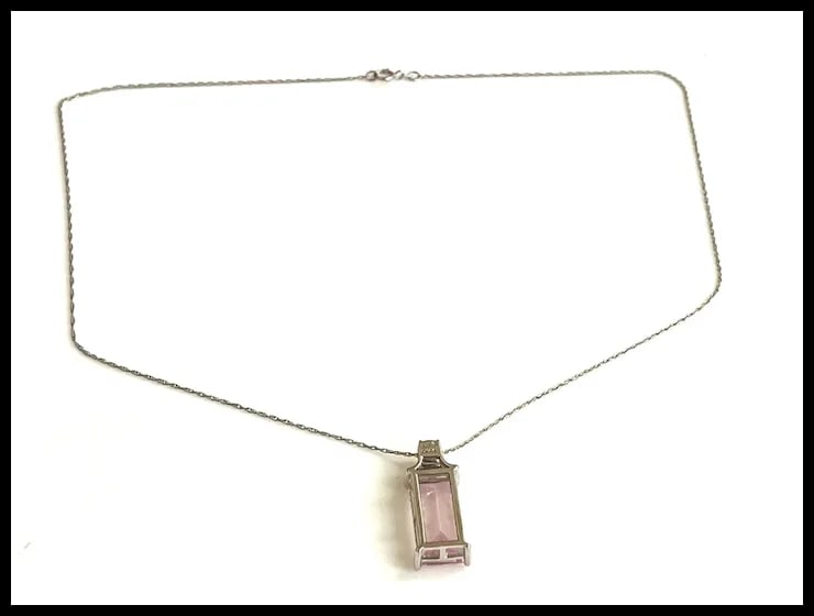 Estate Light Pink Rectangle Stone Sterling Silver Necklace - 4