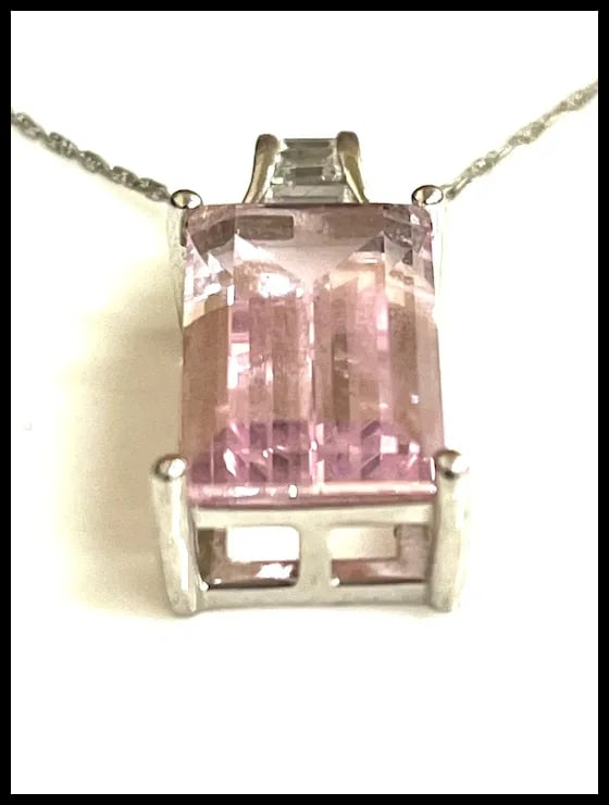 Estate Light Pink Rectangle Stone Sterling Silver Necklace - 7