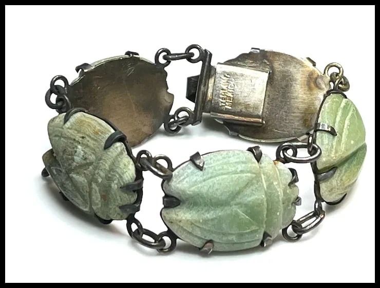 Vintage Oversized Carved Green Stone Scarab Bracelet - 2