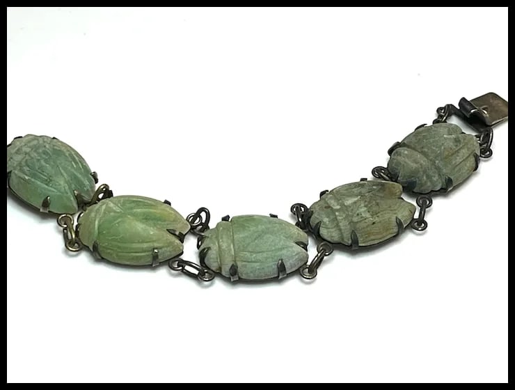 Vintage Oversized Carved Green Stone Scarab Bracelet - 3