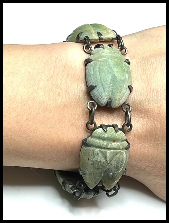 Vintage Oversized Carved Green Stone Scarab Bracelet - 5