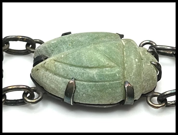 Vintage Oversized Carved Green Stone Scarab Bracelet - 6