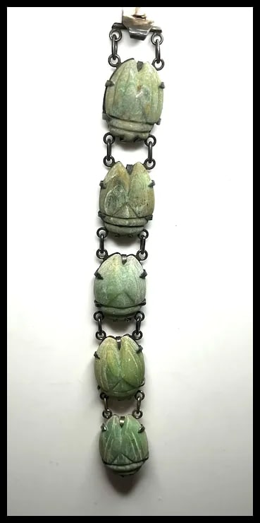 Vintage Oversized Carved Green Stone Scarab Bracelet - 8