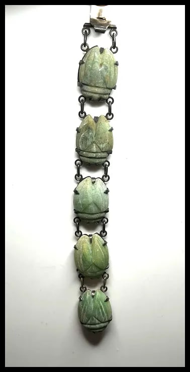 Vintage Oversized Carved Green Stone Scarab Bracelet - 9