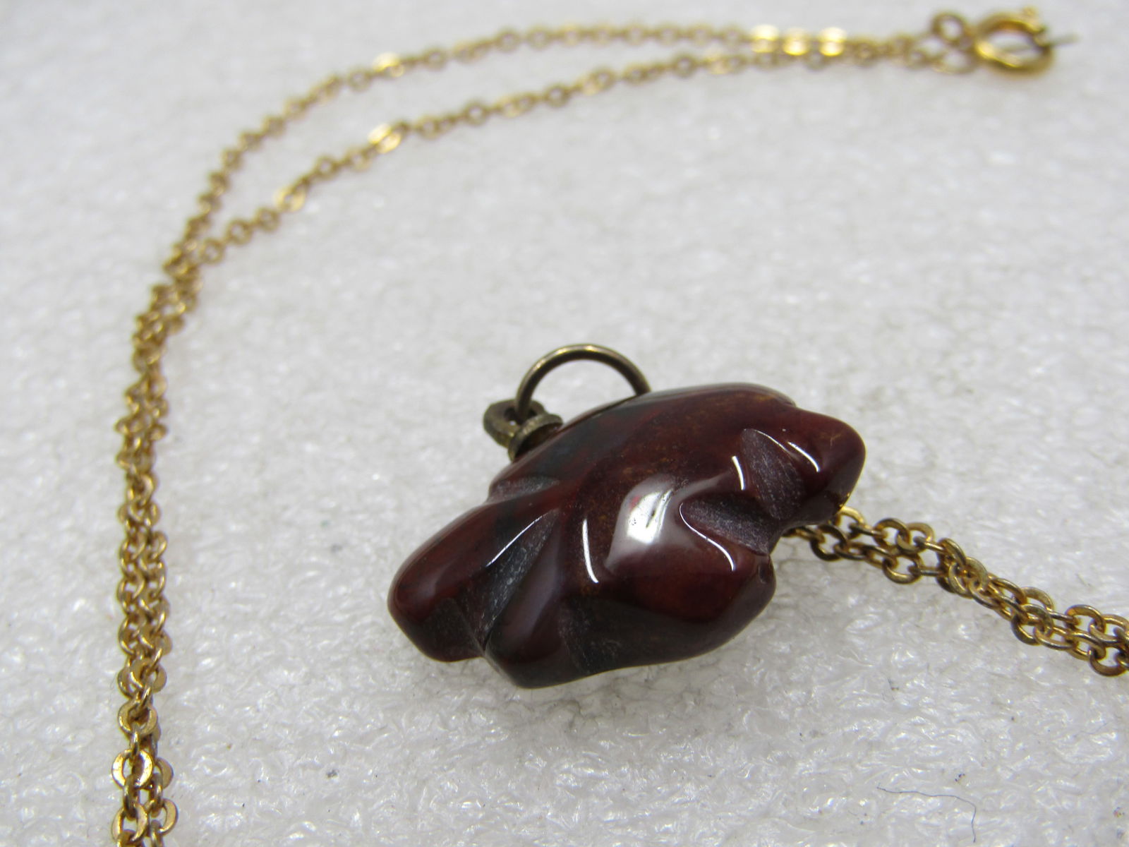 Vintage Brown Agate Carved Turtle Fetish Necklace, 18", Gold Tone Chain - 6