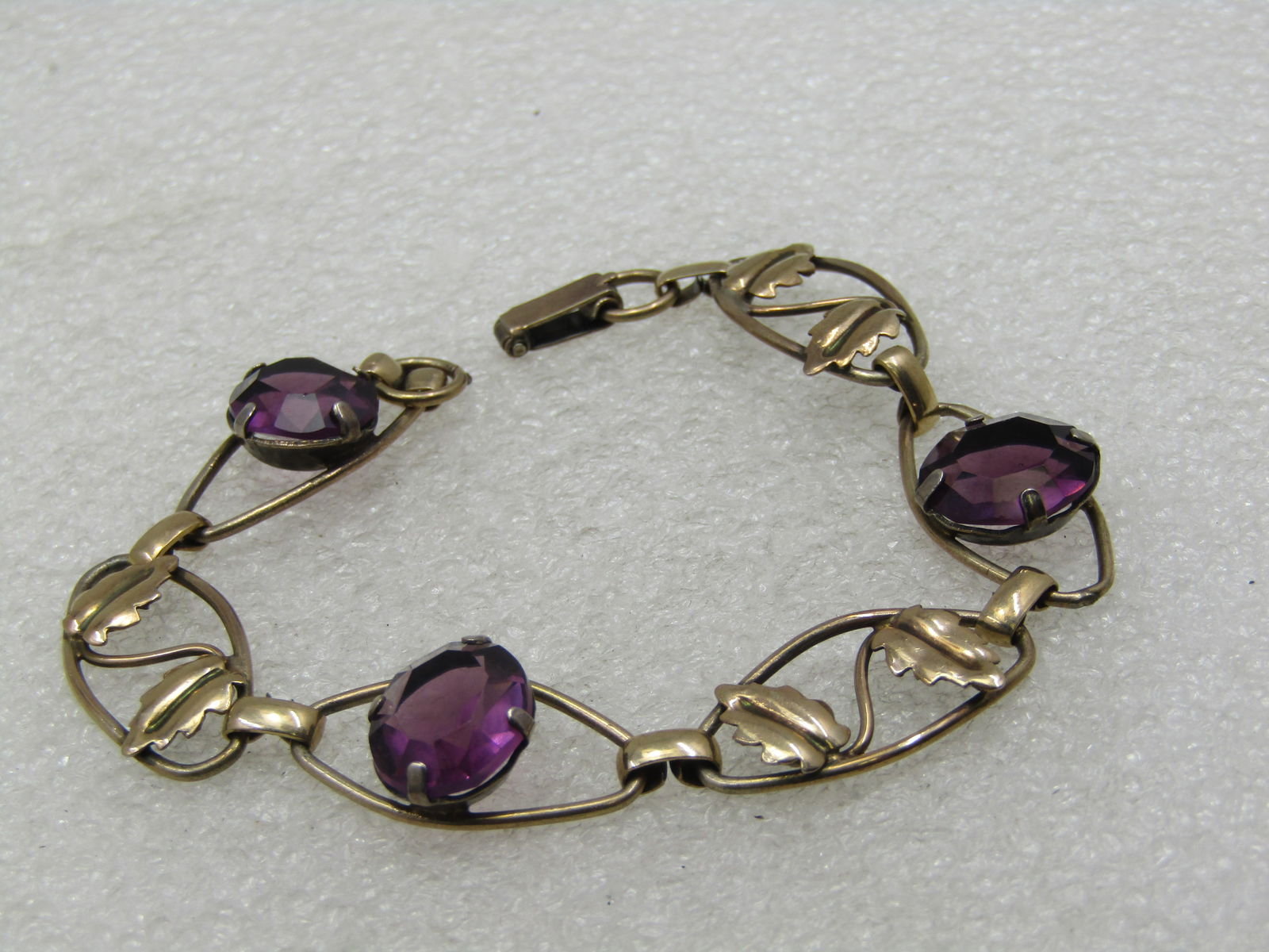 Vintage 12kt GF Purple Rhinestone Leaf Bracelet, 7.25", 1940's - 2