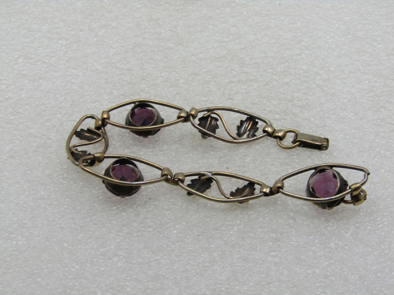 Vintage 12kt GF Purple Rhinestone Leaf Bracelet, 7.25", 1940's - 6