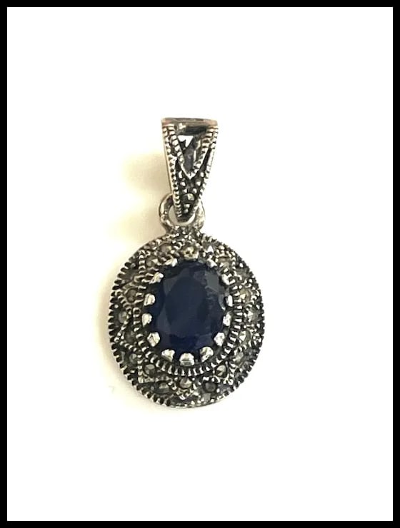 Vintage Sterling Silver Marcasite Deep Blue Stone Pendant - 2