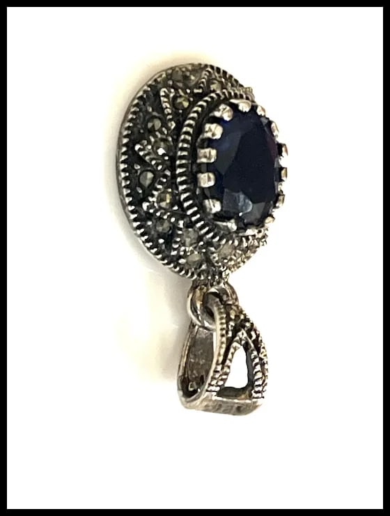 Vintage Sterling Silver Marcasite Deep Blue Stone Pendant - 6