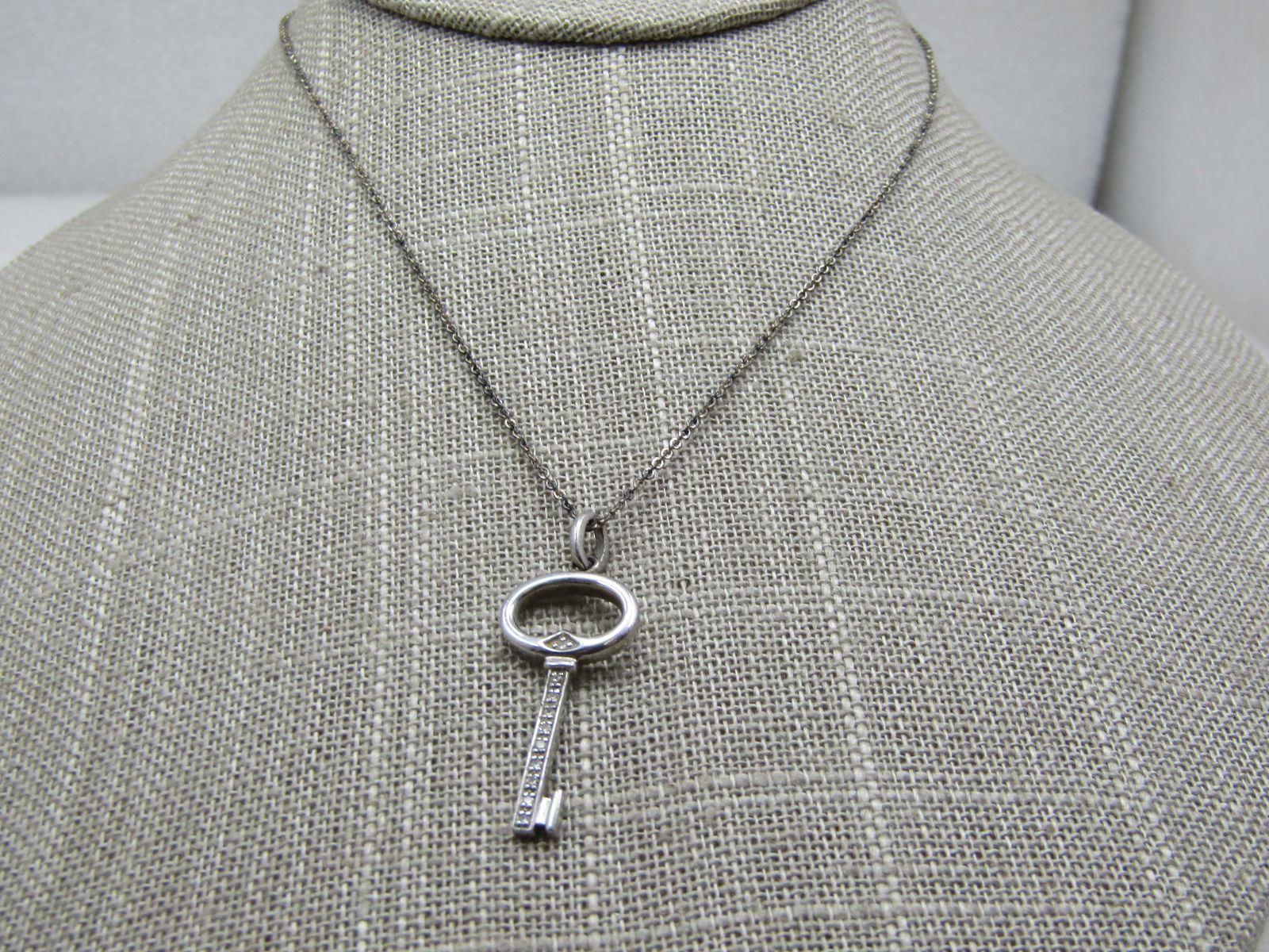 Vintage Sterling Key Necklace, Diamonds, 19" Signed - 2