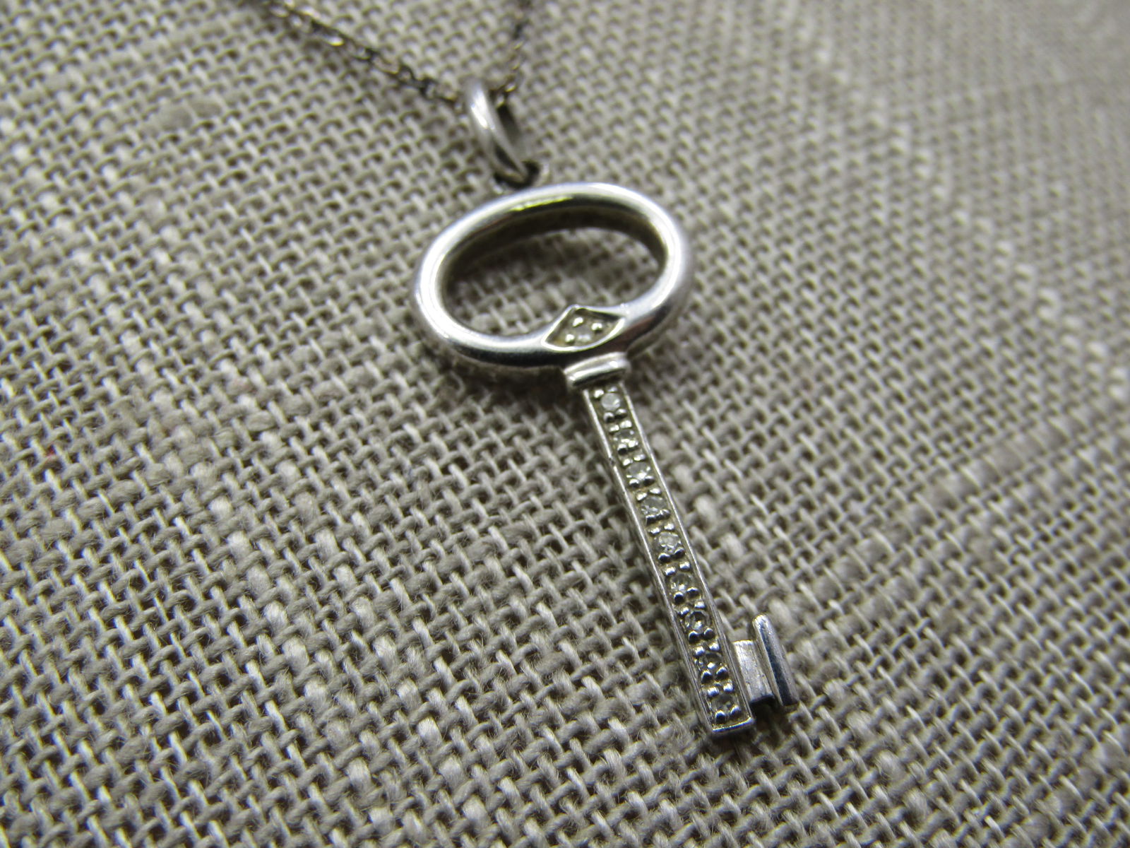 Vintage Sterling Key Necklace, Diamonds, 19" Signed - 4