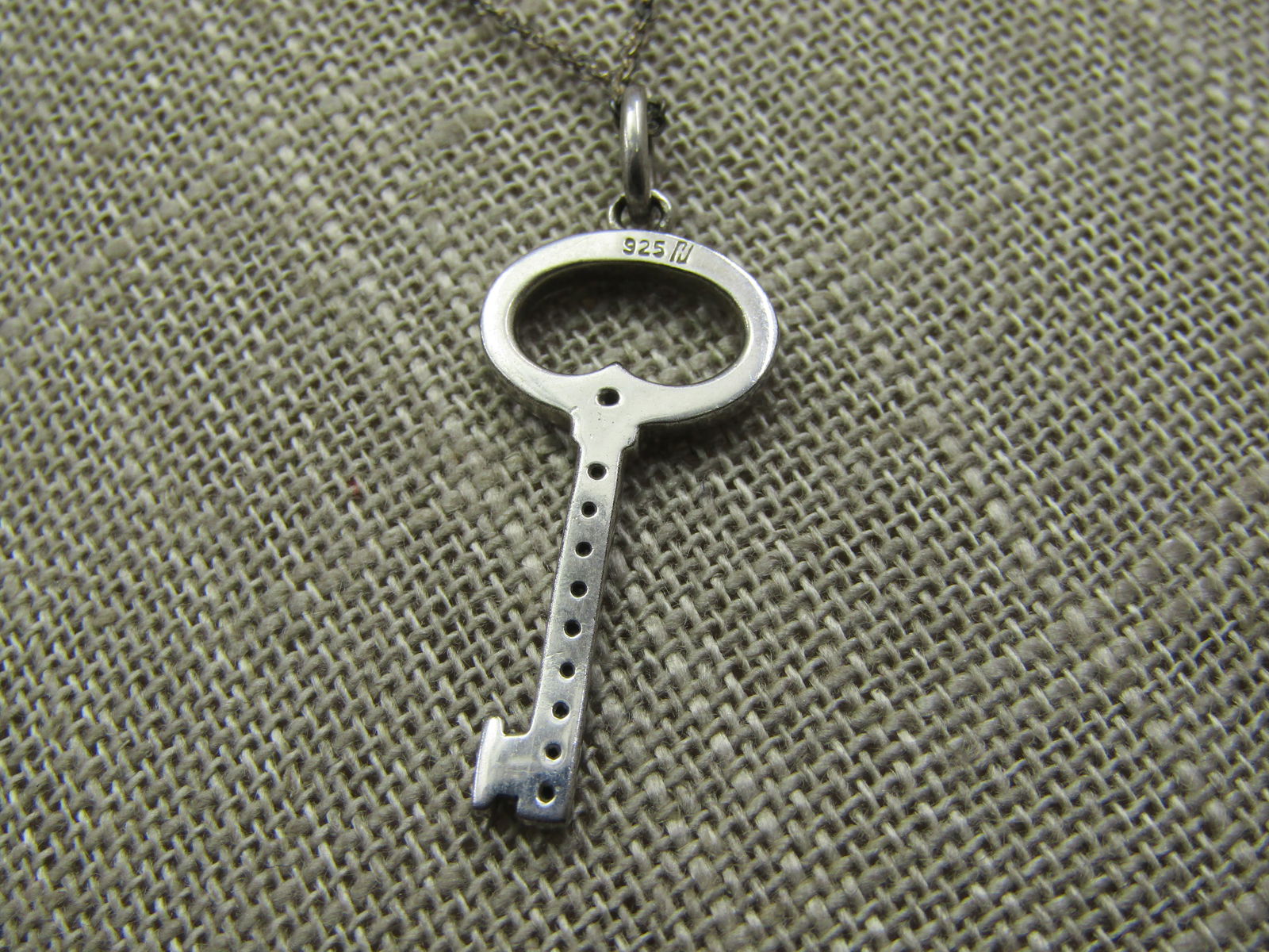 Vintage Sterling Key Necklace, Diamonds, 19" Signed - 5