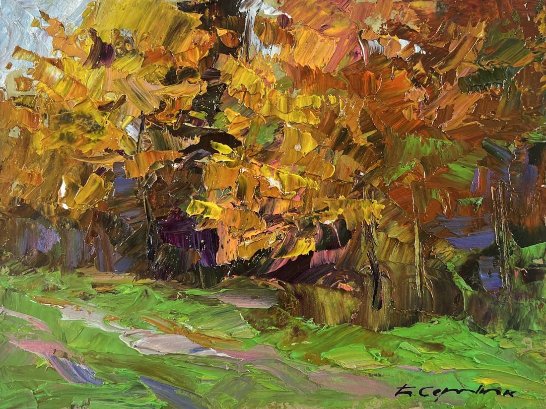 Oil painting Autumn sparkles with gold Boris Serdyuk: Title: Oil painting Autumn sparkles with gold Boris Serdyuk Description: №AAA4780 The oil painting on Cardboard titled "Autumn Sparkles with Gold" captures the enchanting beauty of a forest as i