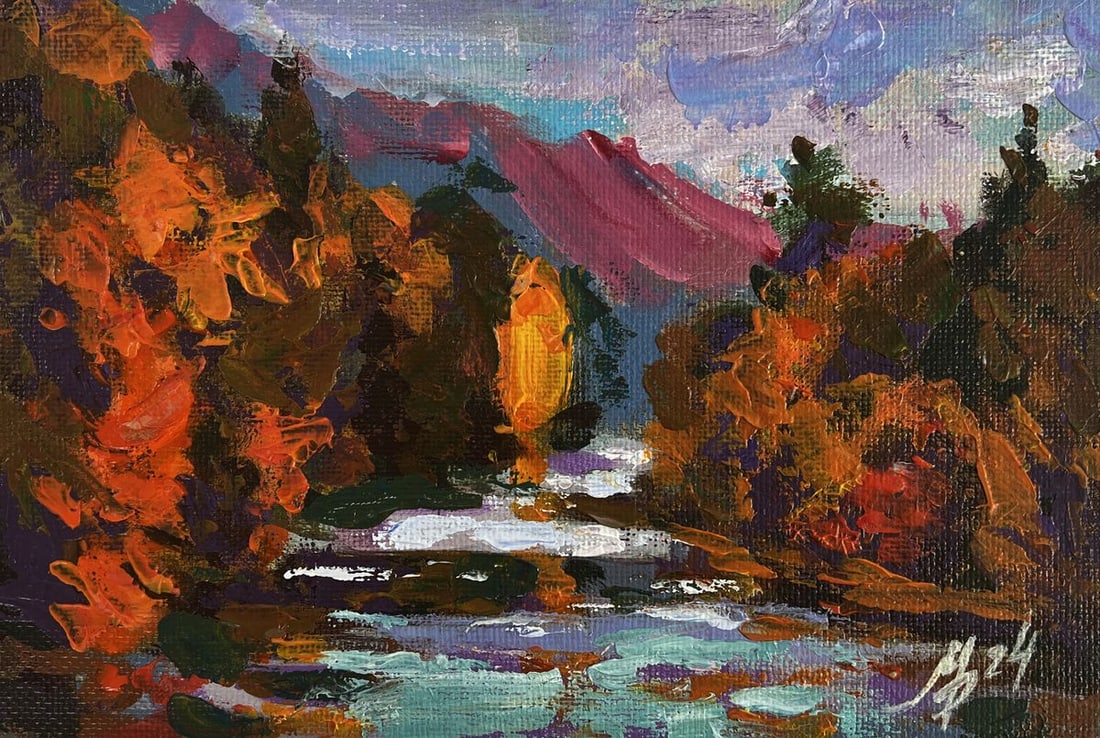 Acrylic painting Autumn in the mountains Mykhailo Patskan: Title: Acrylic painting Autumn in the mountains Mykhailo Patskan Description: №AAA4908 The acrylic painting on cardboard titled "Autumn in the Mountains" captures a breathtaking moment in nature
