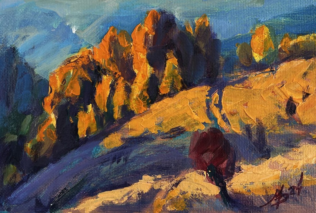Acrylic painting Warm autumn Mykhailo Patskan: Title: Acrylic painting Warm autumn Mykhailo Patskan Description: №AAA4916 The acrylic painting on cardboard titled "Warm Autumn" captures the golden serenity and richness of the fall season in