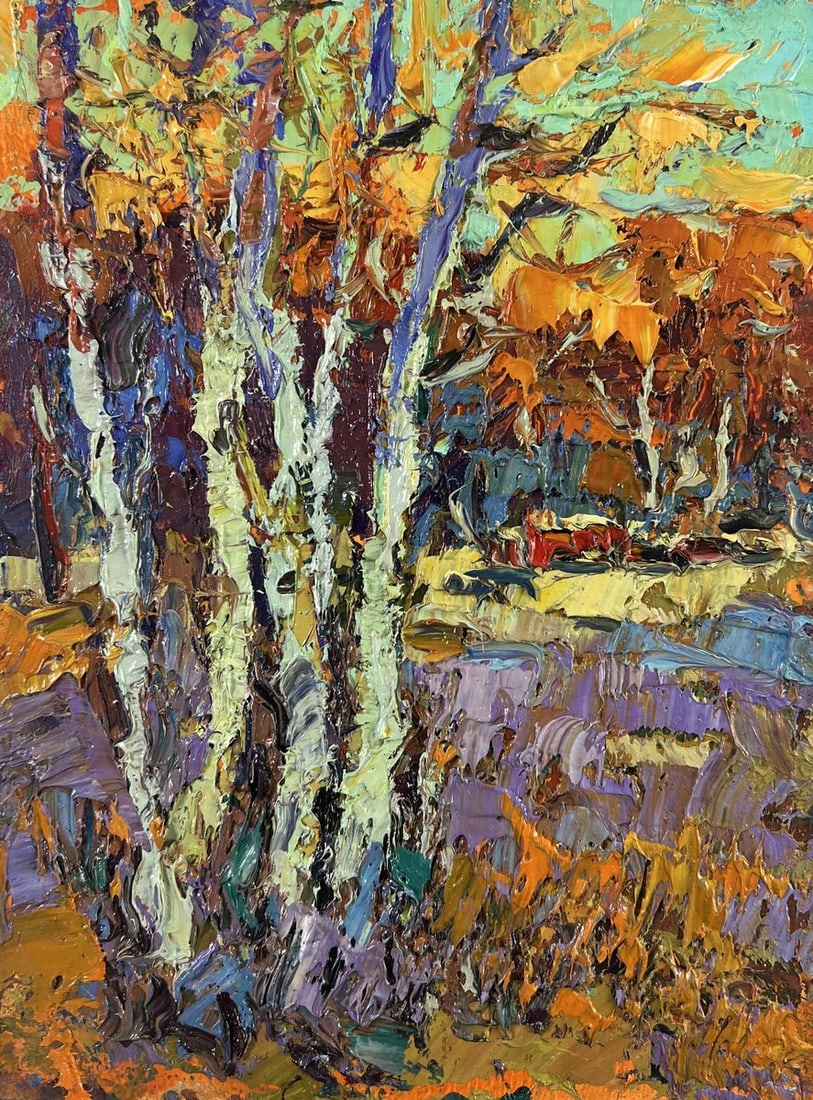 Oil painting Young aspens listen to the silence Oksana Kalenyuk: Title: Oil painting Young aspens listen to the silence Oksana Kalenyuk Description: №AAA5090 The oil painting on Cardboard titled "Young Aspens Listen to the Silence" is a vivid and meditative p
