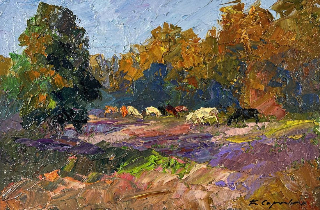 Oil painting Cows on the pasture Boris Serdyuk: Title: Oil painting Cows on the pasture Boris Serdyuk Description: №AAA5304 The oil painting on Cardboard titled "Cows on the Pasture" captures the lyrical rhythm of rural life with expressive,