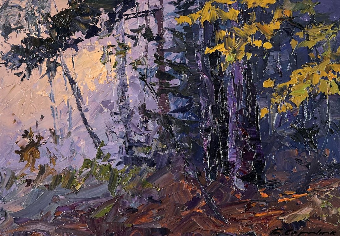 Oil painting Fog in the autumn forest Boris Serdyuk: Title: Oil painting Fog in the autumn forest Boris Serdyuk Description: №AAA5316 The oil painting on Cardboard titled "Fog in the Autumn Forest" captures the ethereal stillness of a woodland sce