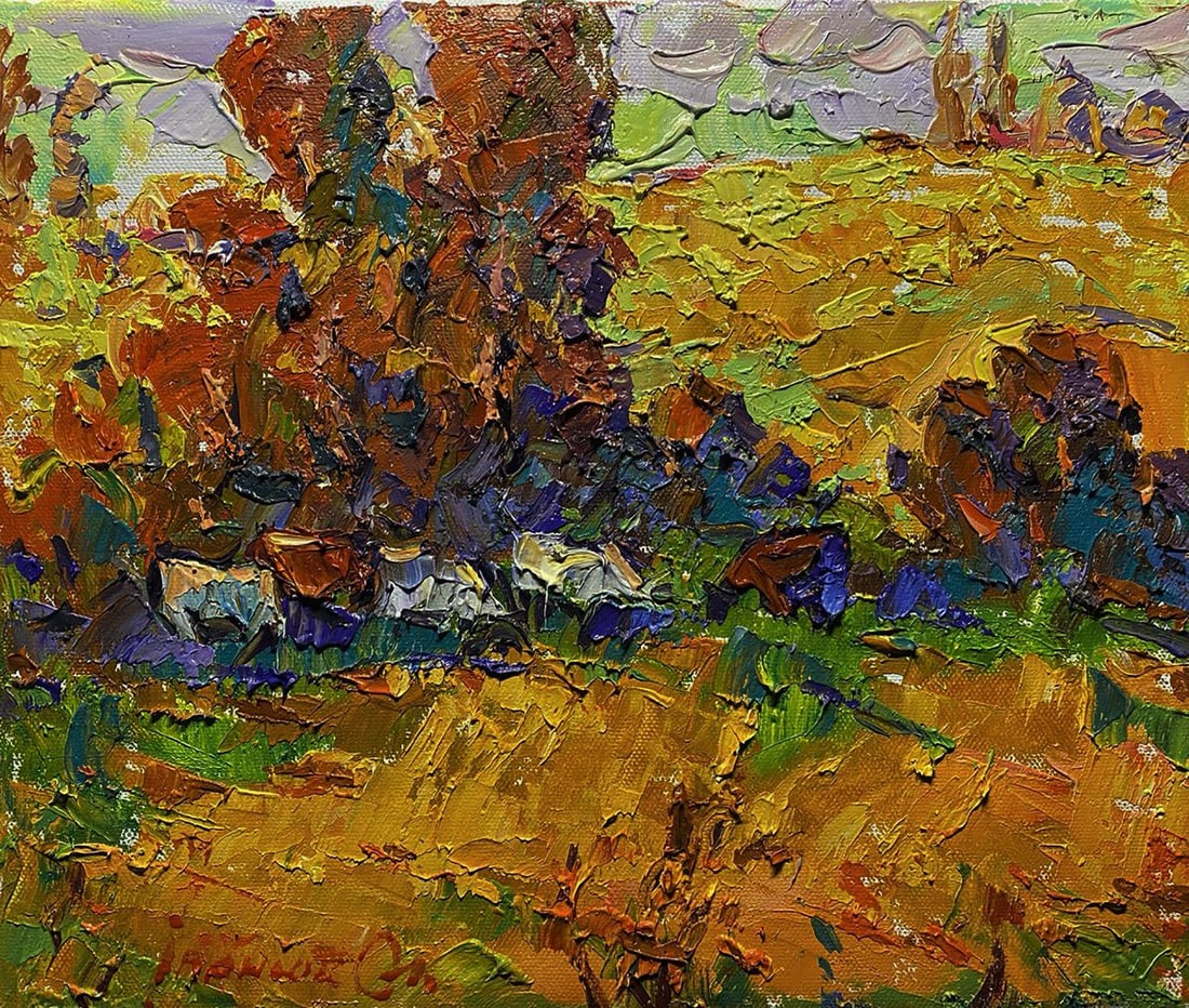 Oil painting Golden autumn meadows Alex Kalenyuk: Title: Oil painting Golden autumn meadows Alex Kalenyuk Description: №Kalen 1485 The oil painting on canvas titled "Golden Autumn Meadows" is a radiant and emotionally rich depiction of the chan