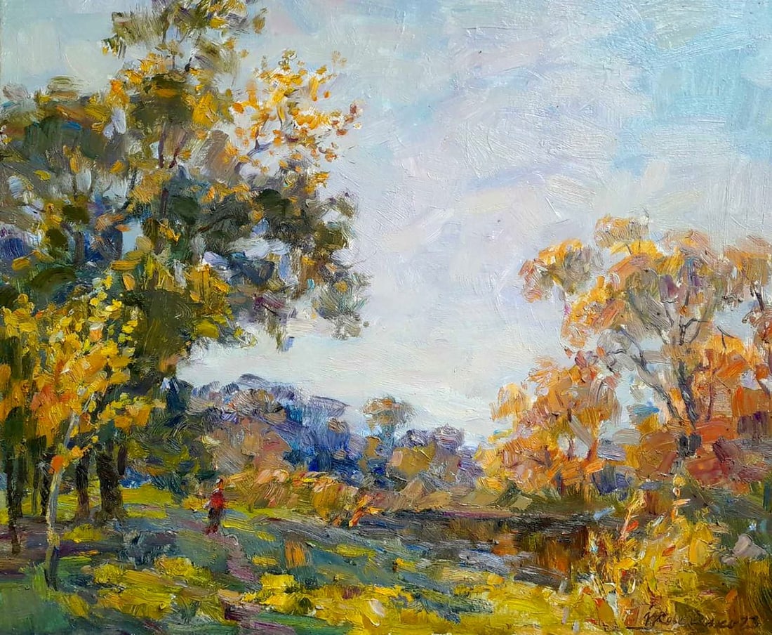 Oil painting Walk along the river Ivan Kovalenko: Title: Oil painting Walk along the river Ivan Kovalenko Description: №Koval 222 The painting "Walk Along the River" invites the viewer into a serene autumn landscape, where nature’s vibran