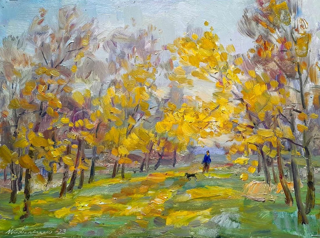 Oil painting On fallen leaves Ivan Kovalenko: Title: Oil painting On fallen leaves Ivan Kovalenko Description: №Koval 223 The oil painting "On Fallen Leaves" is a captivating portrayal of an autumn scene, filled with golden trees and a sens