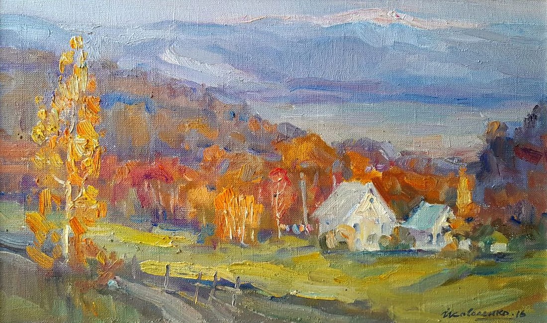 Oil painting In the autumn mountains Ivan Kovalenko: Title: Oil painting In the autumn mountains Ivan Kovalenko Description: №Koval 229 The oil painting titled "In the Autumn Mountains" depicts a serene and picturesque landscape of a rural village