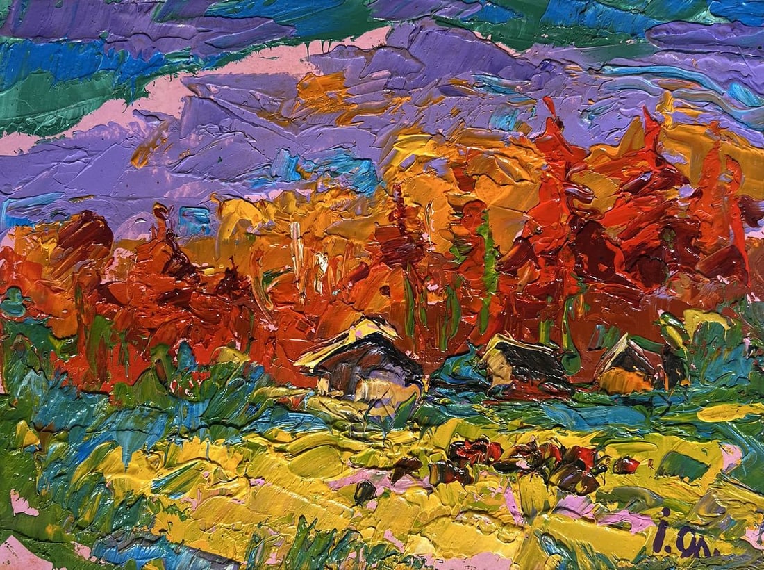 Oil painting Autumn in the mountains Alex Kalenyuk: Title: Oil painting Autumn in the mountains Alex Kalenyuk Description: №AAA3897 This oil painting cardboard, titled "Autumn in the mountains", the composition immerses the viewer in the warmth a