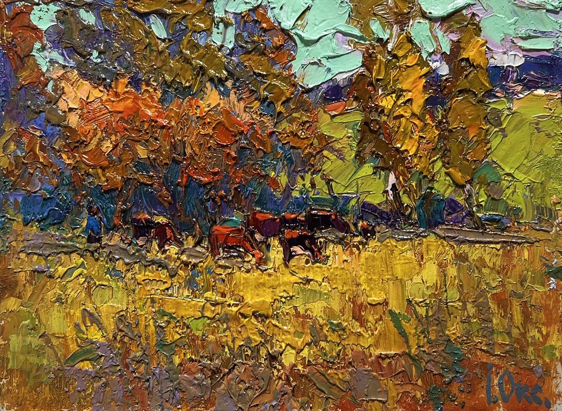 Oil painting The queue for the pasture Oksana Kalenyuk: Title: Oil painting The queue for the pasture Oksana Kalenyuk Description: №AAA3920 This oil painting cardboard, titled "The queue for the pasture", The painting is rich in texture, color, and e