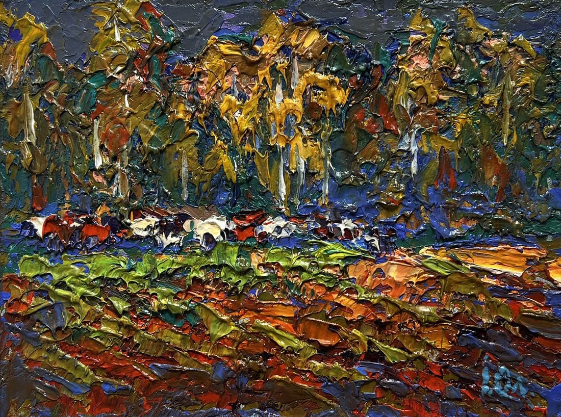 Oil painting Autumn yellow forest Alex Kalenyuk: Title: Oil painting Autumn yellow forest Alex Kalenyuk Description: №AAA3941 This oil painting cardboard, titled "Autumn yellow forest", the scene is dynamic, filled with movement and texture, r