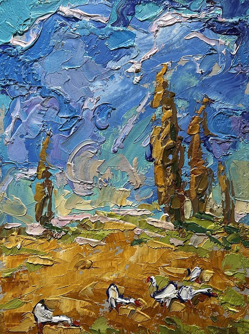Oil painting Geese in the autumn steppes Alex Kalenyuk: Title: Oil painting Geese in the autumn steppes Alex Kalenyuk Description: №AAA4023 This oil painting cardboard, titled "Geese in the autumn steppes", the artist skillfully uses thick, expressiv