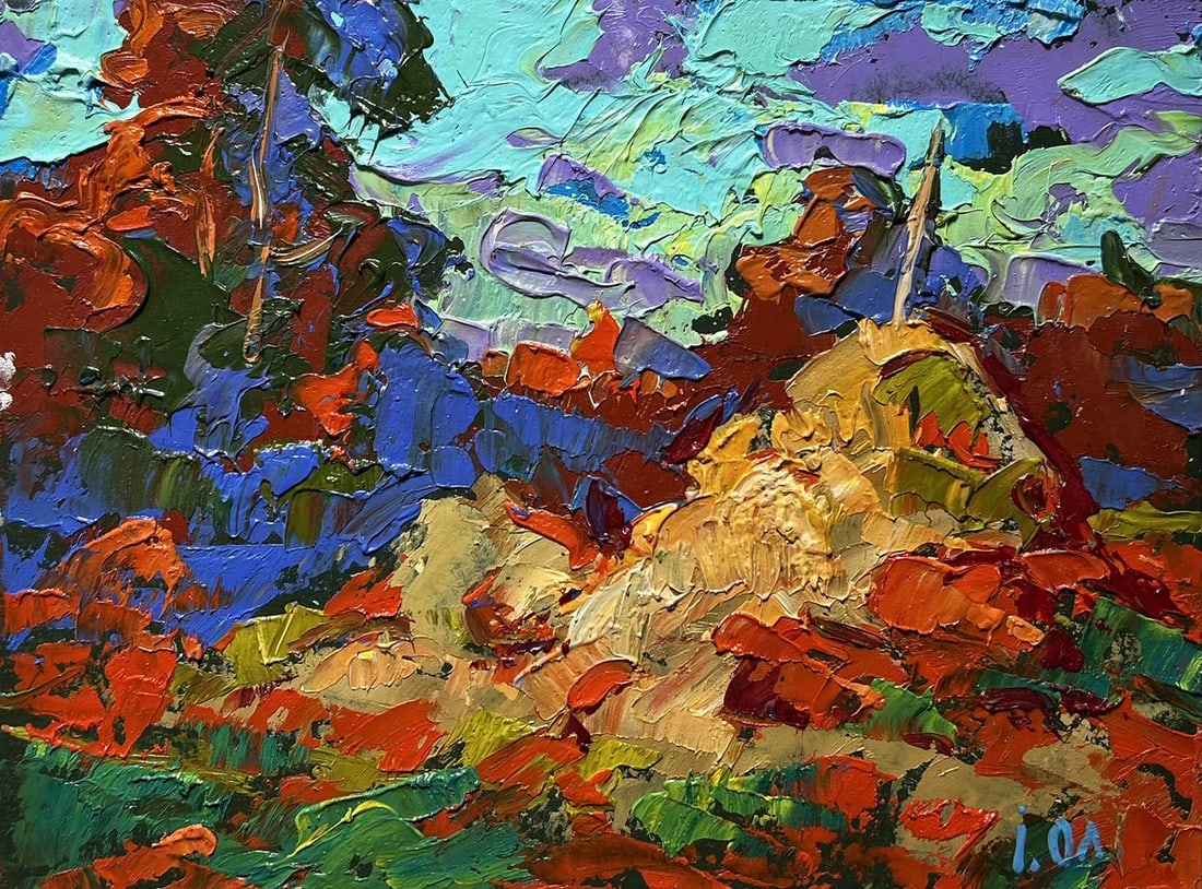 Oil painting Golden haystacks Alex Kalenyuk: Title: Oil painting Golden haystacks Alex Kalenyuk Description: №AAA4034 This oil painting cardboard, titled "Golden haystacks", the artist employs a bold, impressionistic technique, using thick