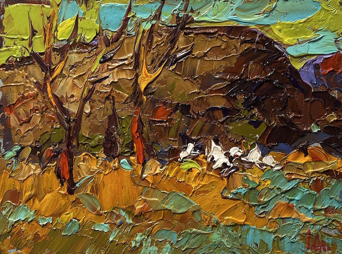 Oil painting Near the old hill Alex Kalenyuk: Title: Oil painting Near the old hill Alex Kalenyuk Description: №AAA4048 This oil painting cardboard, titled "Near the old hill", the artist’s use of thick, expressive brushstrokes and a