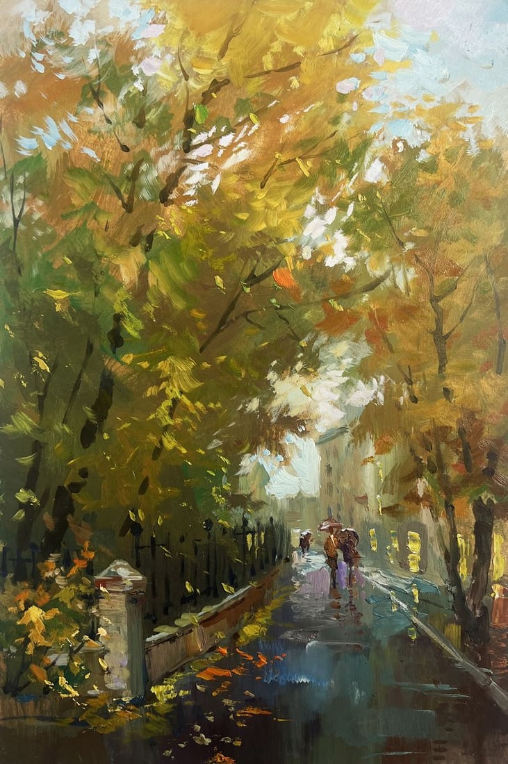 Oil painting Walking in the autumn city park Yuriy Suprunchuk: Title: Oil painting Walking in the autumn city park Yuriy Suprunchuk Description: №AAA4167 The painting titled "Walking in the autumn city park" captures the serene and poetic atmosphere of a ra