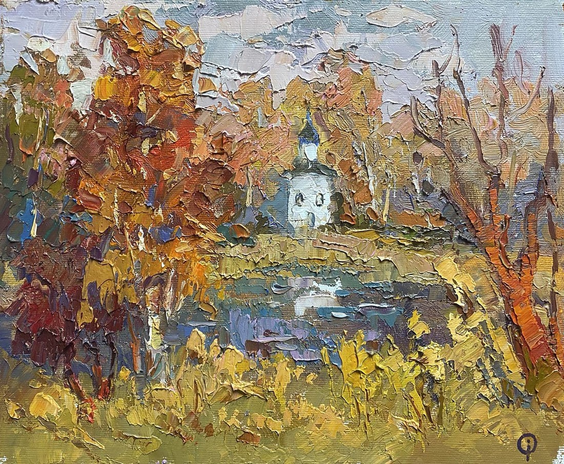 Oil painting Above the autumn lake Oksana Kalenyuk: Title: Oil painting Above the autumn lake Oksana Kalenyuk Description: №Kalen 1279"Above the Autumn Lake" is an evocative oil painting that captures the vibrant palette and transient beauty of t