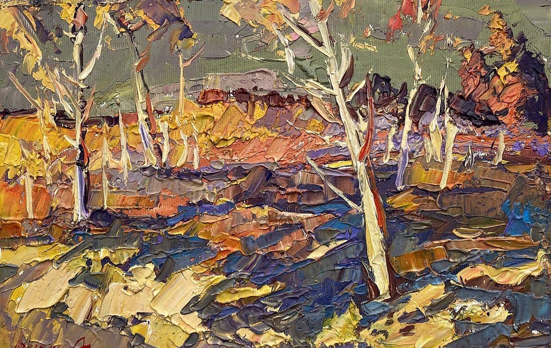 Oil painting Evening rays Kalenyuk Alex: Title: Oil painting Evening rays Kalenyuk Alex Description: №Kalen 1172"Evening Rays" is an evocative oil painting that captures the tranquil ambiance of twilight in a rustic setting. The