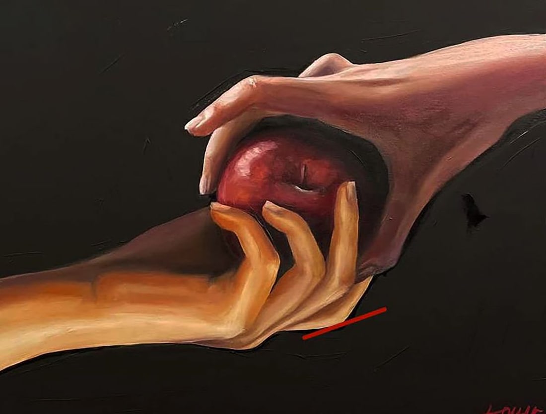 Acrylic painting Touch the Forbidden Fruit Maksym Newskulenko: Title: Acrylic painting Touch the Forbidden Fruit Maksym Newskulenko Description: No. New 39 *** ABOUT THIS PAINTING *** * TITLE: "Touch the Forbidden Fruit" * ARTISTS: Maksym Newskulenko* SIZE: 45x35
