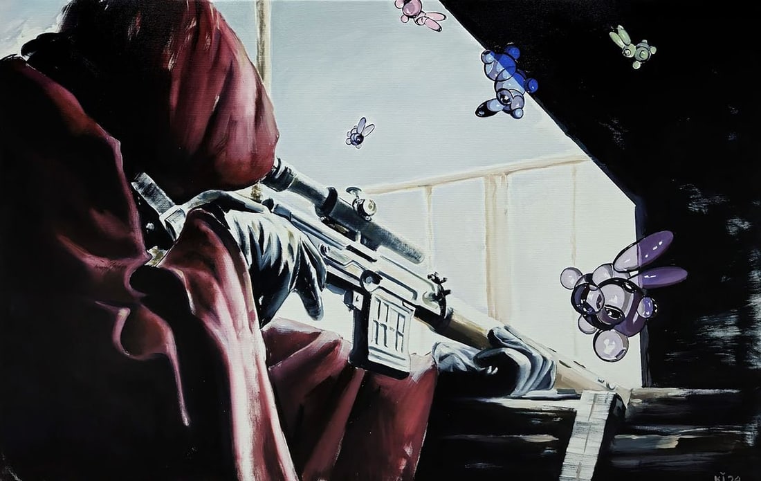 Oil painting Approaching danger Igor Konovalov: Title: Oil painting Approaching danger Igor Konovalov Description: No. Kon 133The oil painting on canvas titled "Approaching Danger" presents a striking juxtaposition of realism and surrealism, captur