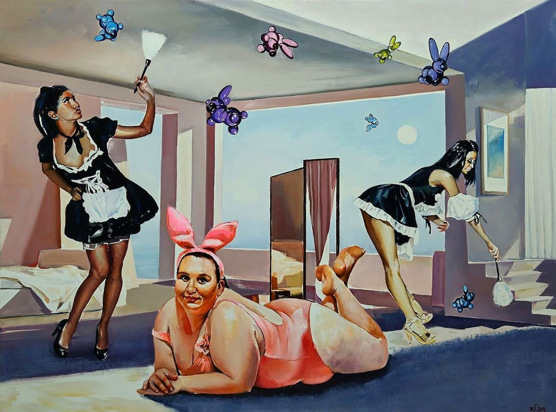 Oil painting The mistress of the house Igor Konovalov: Title: Oil painting The mistress of the house Igor Konovalov Description: No. Kon 134The oil painting on canvas titled "The Mistress of the House" presents an intriguing and thought-provoking scene th