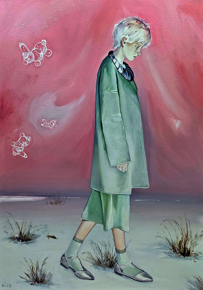 Oil painting A person's walk through blogs Igor Konovalov: Title: Oil painting A person's walk through blogs Igor Konovalov Description: No. Kon 138The oil painting on canvas titled "A Person’s Walk Through Blogs" presents a melancholic yet surreal