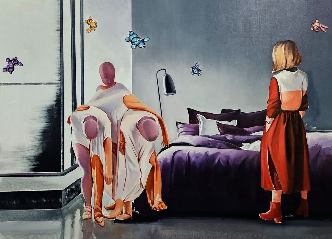 Oil painting The hostess came home Igor Konovalov: Title: Oil painting The hostess came home Igor Konovalov Description: No. Kon 139The oil painting on canvas titled "The Hostess Came Home" captures an enigmatic and surreal moment of confrontation, de