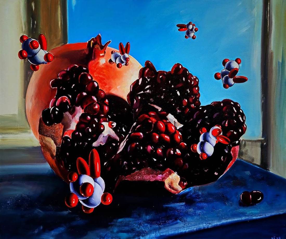 Oil painting Enjoying the Pomegranate Fruit Igor Konovalov: Title: Oil painting Enjoying the Pomegranate Fruit Igor Konovalov Description: No. Kon 140The oil painting on canvas titled "Enjoying the Pomegranate Fruit" is a vibrant and surreal depiction of one o