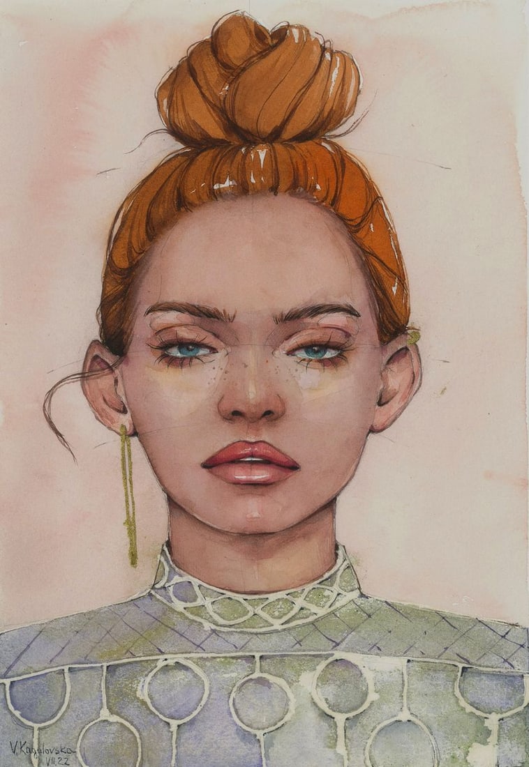 Watercolor painting Gaze girl Victoria Kagalovska (1 of 7)