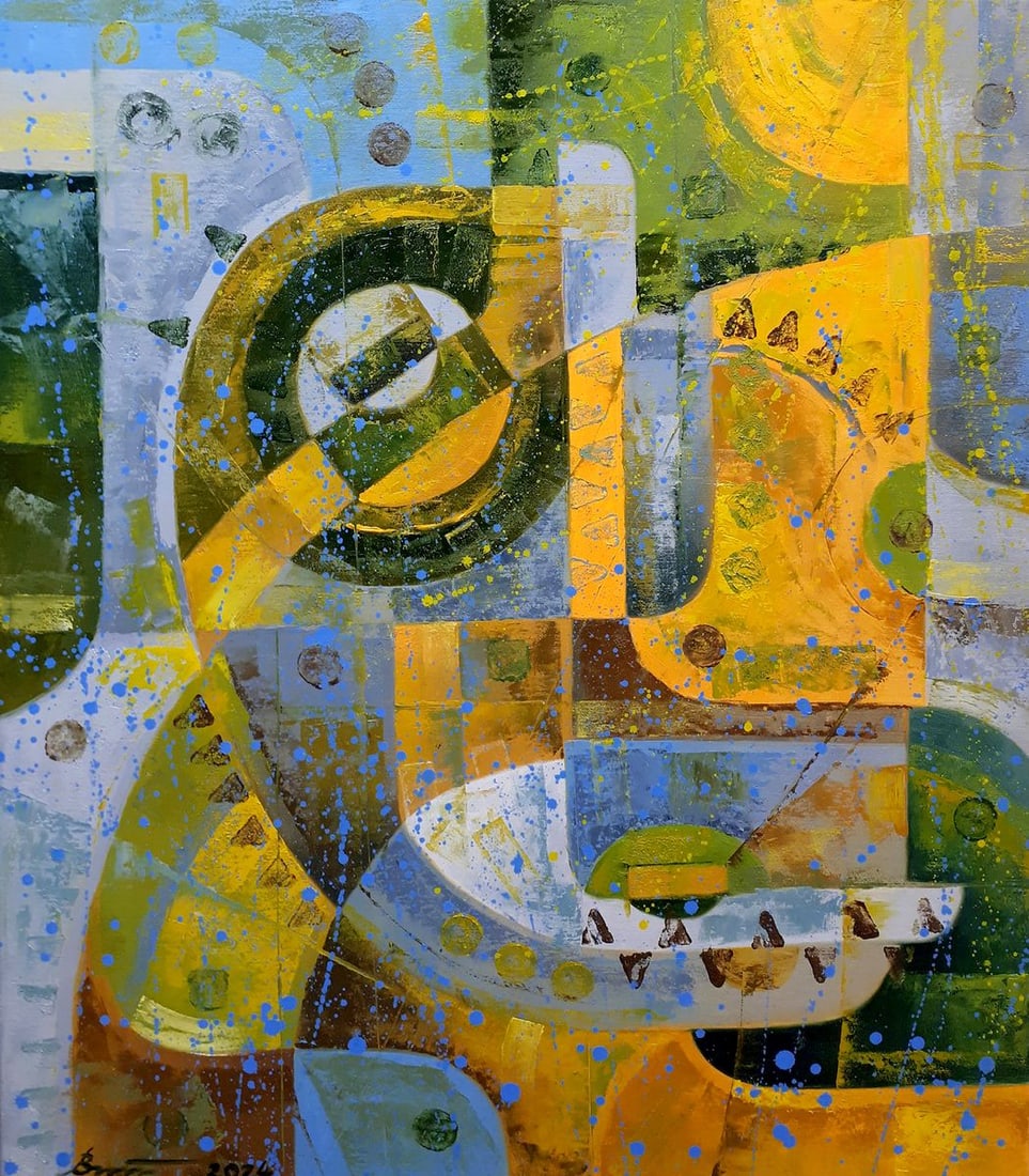 Oil painting Bolero Sergey Voichenko: Title: Oil painting Bolero Sergey Voichenko Description: No. Voich 101The oil painting titled "Bolero" is a symphony of geometric abstraction, where vibrant shades of yellow and green dominate the